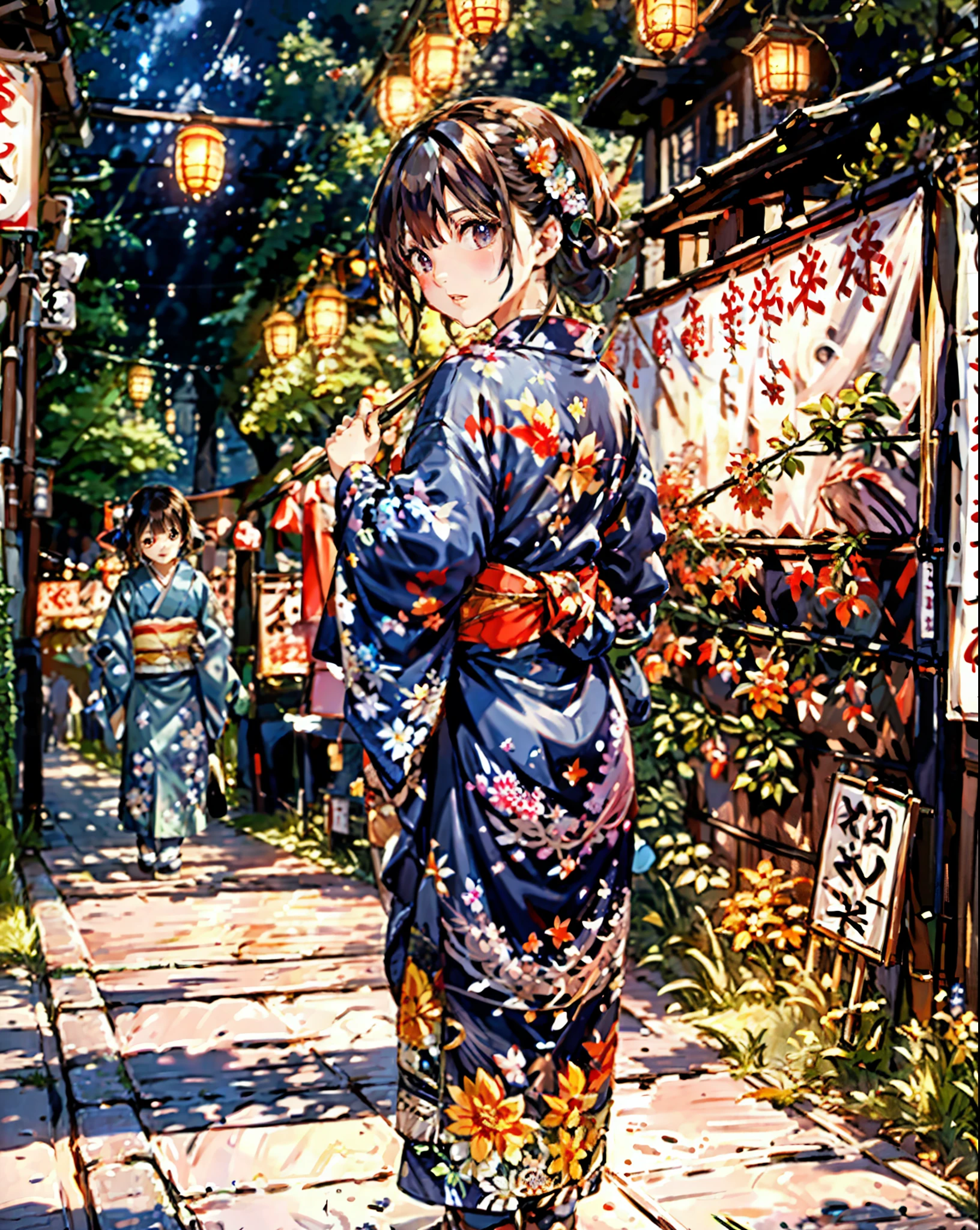 masterpiece, highest quality, super detailed, figure, OMATSURI, food stand, 1 girl, beautiful eyes, looking at the viewer, from behind, cowboy shot, think back, yukata, wood, outdoors,road, walk,  crowd, night, lanthanum, festival, food, paved, Crossing road, paper lanthanum, street lamppost, brown hair, night sky,