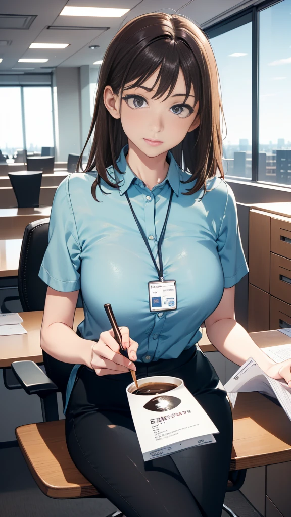 1 sitting woman, holding a coffee cup, Clothing of office workers, /(ID card strap/), Mature Woman, /(Black Hair/) bangs, (Masterpiece Top quality:1.2) Delicate illustrations, super detailed, Big Break /(Modern office indoors/), Skyscraper with windows