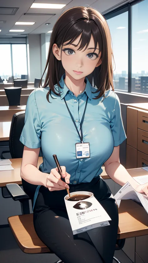 1 sitting woman, holding a coffee cup, Clothing of office workers, /(ID card strap/), Mature Woman, /(Black Hair/) bangs, (Maste...