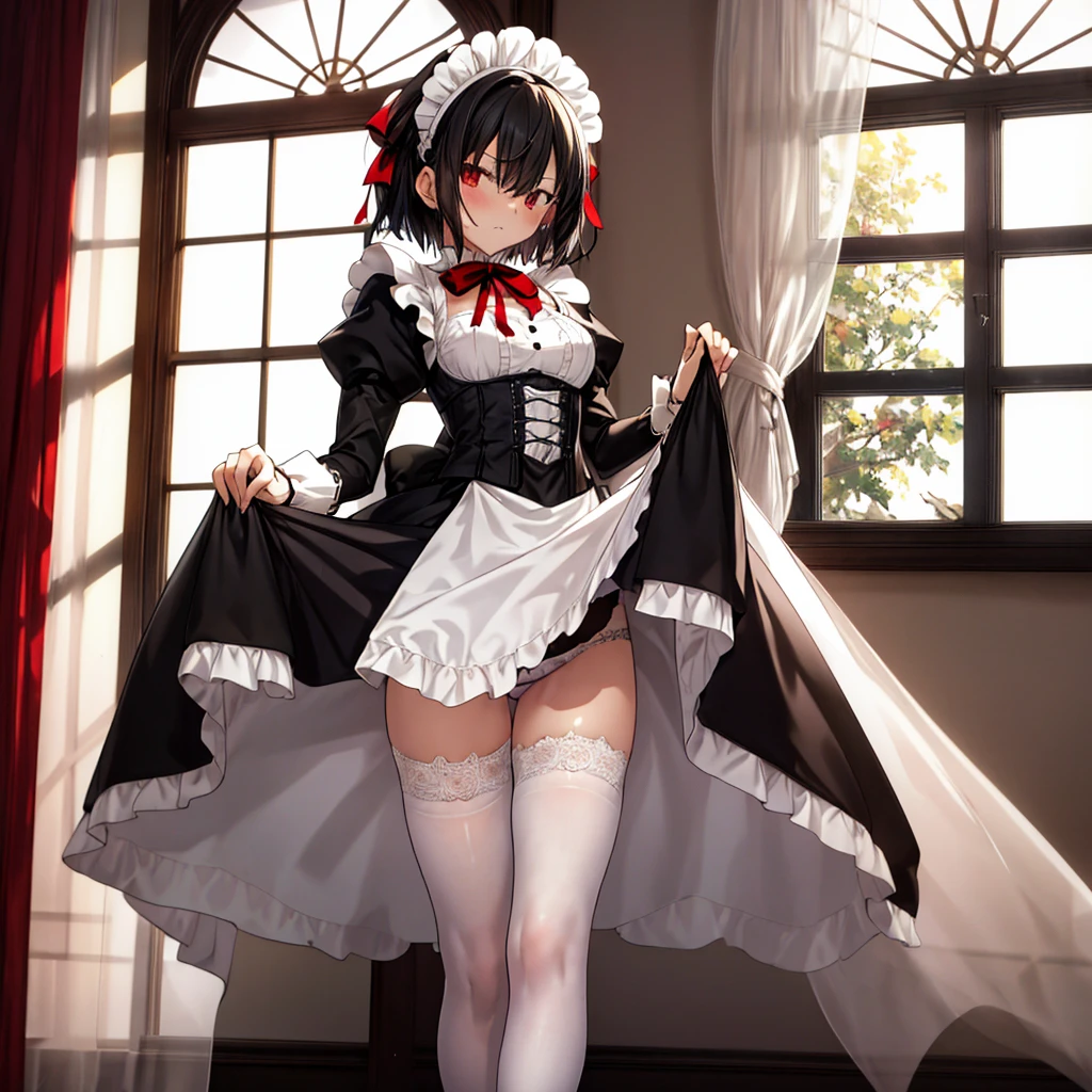 ((Highest quality)), ((masterpiece)), ((detailed)), (4K), a woman wearing underwear and stocking that is holding up her skirt by her thigh, 1girl, underwear, panties, 独奏, thighhighs, backlighting, puffy sleeves, dress lift, long sleeves, bow panties, white thighhighs, dress, juliet sleeves, maid, looking at viewer, clothes lift, maid headdress, short hair, lifted by self, breasts, bow, black hair, curtains, white panties, window, ribbon, glaring, indoors, frown, red ribbon, standing, neck ribbon