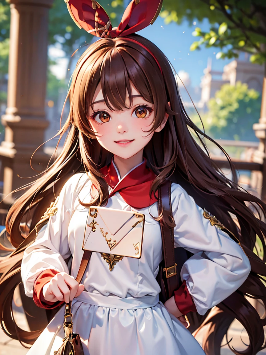 ultra-detailed, masterpiece, highest quality, love letter, pov, smile, blush ,amber \(genshin impact\), brown eyes, brown hair, long hair, red hair ribbon