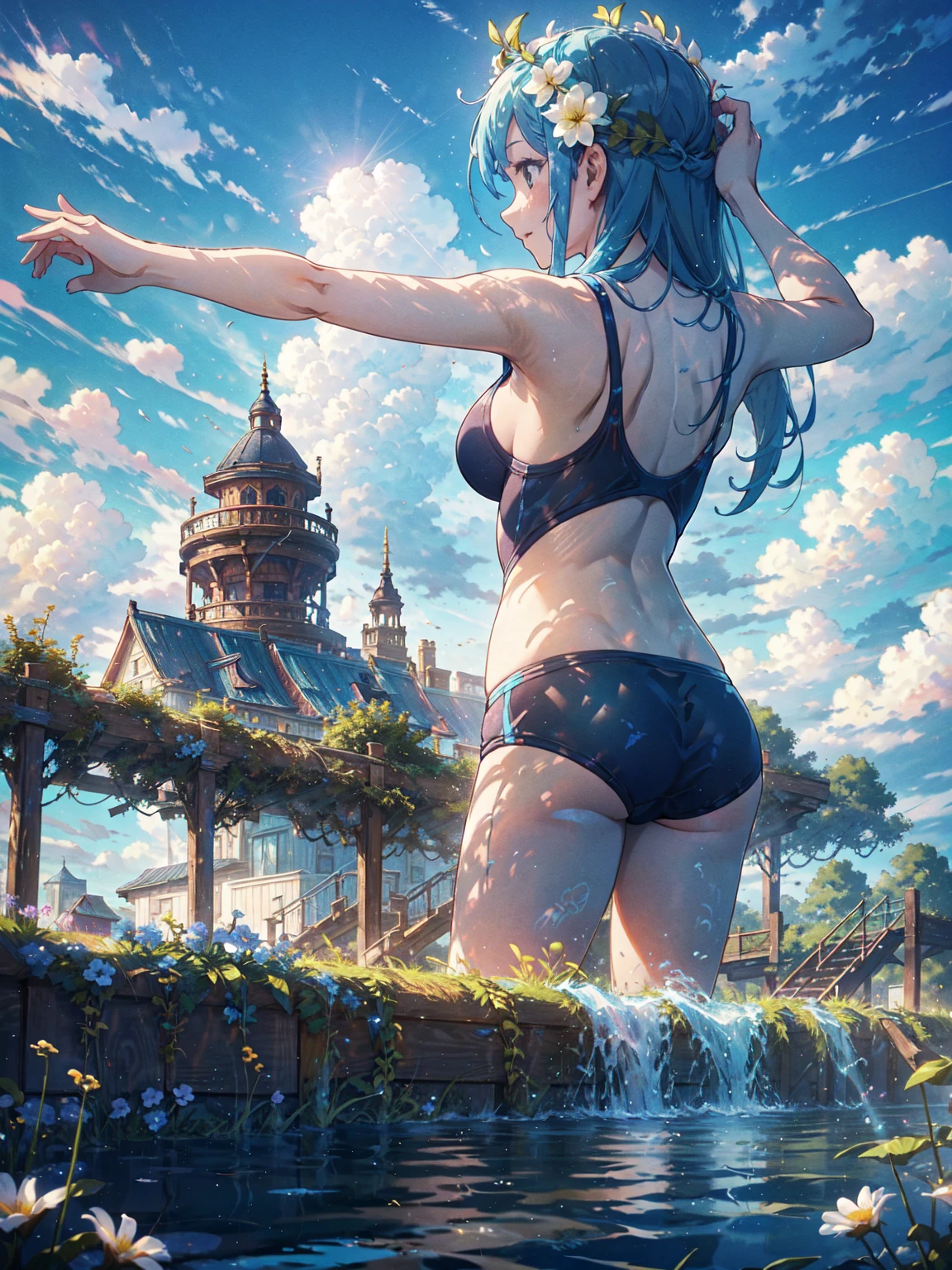 Dancing in the blue sky(Leviathan:1.1), swimming wear girl on Leviathan, vision,Calm Day, Detailed Clouds, Field, Grazing cattle, flower, Distant home, fence, wood,good