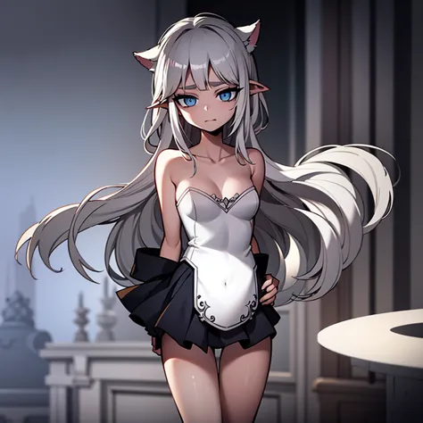 silver hair, dog ears, white dress,wavy hair,delicate features quiet gaze,beautiful half body illustration,beautiful backgraund,...