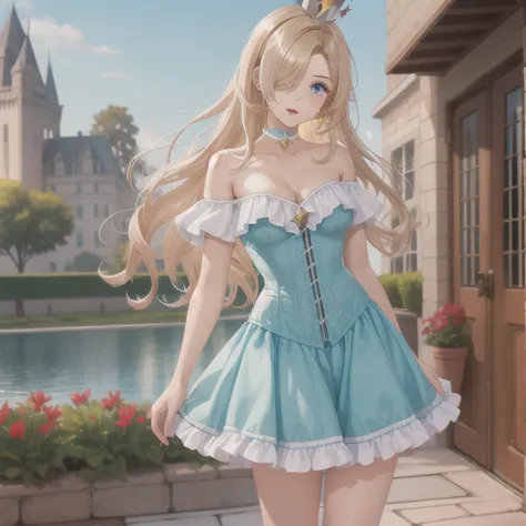 1girl, long blonde hair, hair over one eye, full body, hud_crst_prncss_drss, bare shoulders, blue corset, off shoulder, short sl...