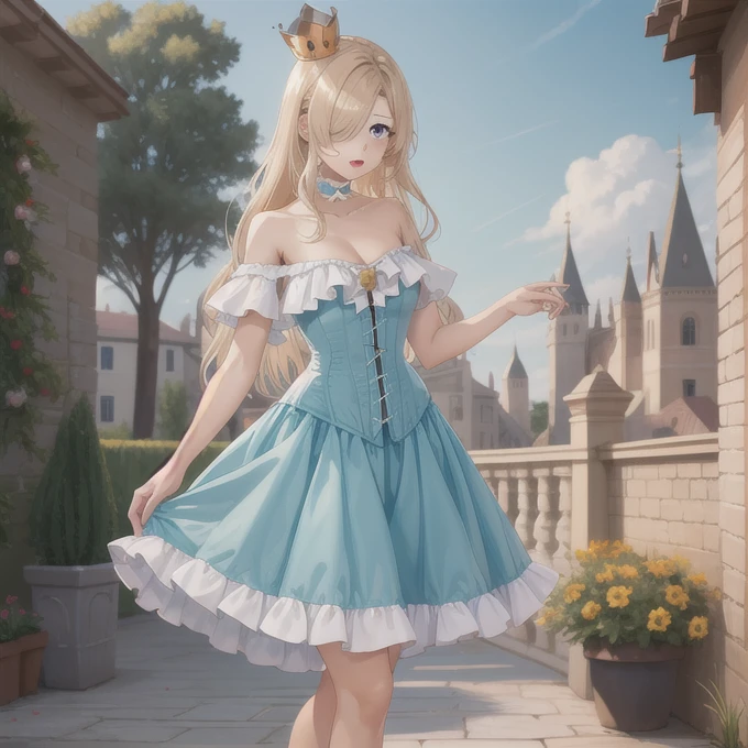 1girl, long blonde hair, hair over one eye, full body, hud_crst_prncss_drss, bare shoulders, blue corset, off shoulder, short sleeves, blue dress, short dress, frills, crown, choker, lipstick, high heels, castle, garden