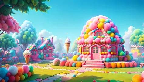 cartoon pink building，there is a pink dome and a pink ice cream cone, in a candy land-style house, background technology, colorf...