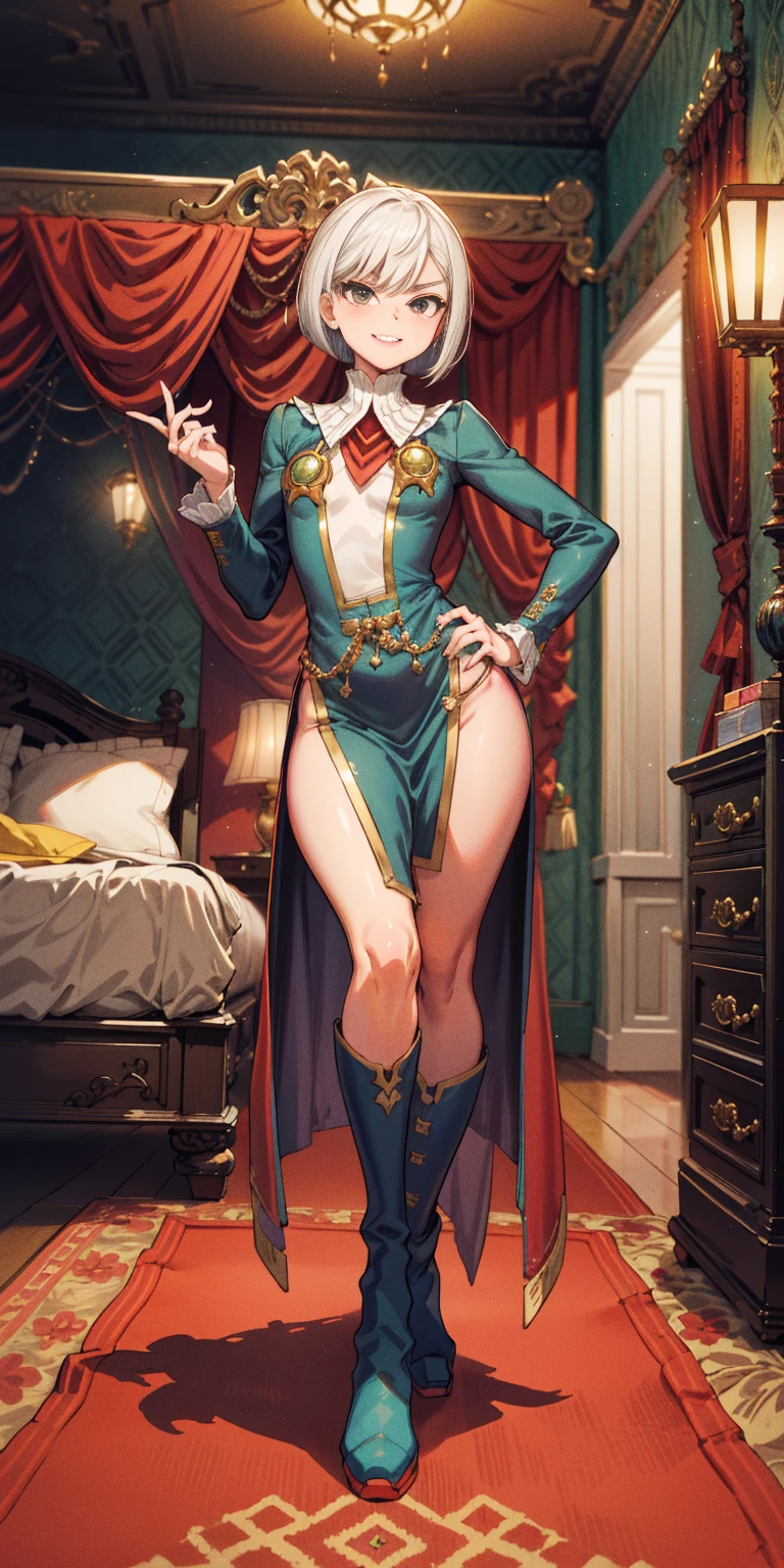 Setting:
Royal bedroom - Grand, opulent, with rich fabrics and tapestries
Character:
Appearance:
White hair - Short, styled in a sharp bob
Full figure - Curvaceous
Attire:
High boots - Leather, reaching up the calves
Elegant outfit - Befitting the royal setting (consider a dress, gown, or ensemble)
Red tattoo - Delicate design on the navel
Face - A confident smirk plays on her lips, eyes sparkling with amusement
Pose:
Full body - Standing tall
Hands - Resting on hips in a commanding posture
Additional details:
(add to the background a four-poster bed, a plush rug, ornate furniture)