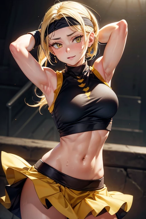8k high resolution, detailed face, detailed body, perfect body, ultra high quality, 1 girl, sleeveless shirt, arms up, armpit, sweating, black headband, yellow eyes