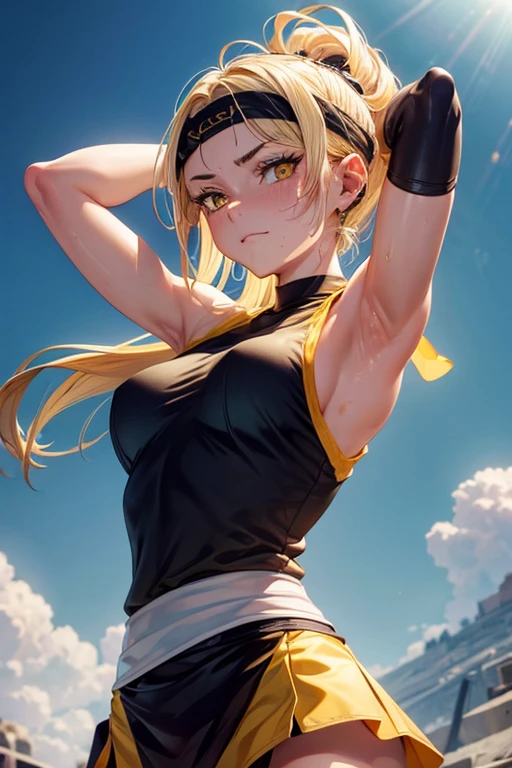 8k high resolution, detailed face, detailed body, perfect body, ultra high quality, 1 girl, sleeveless shirt, arms up, armpit, sweating, black headband, yellow eyes