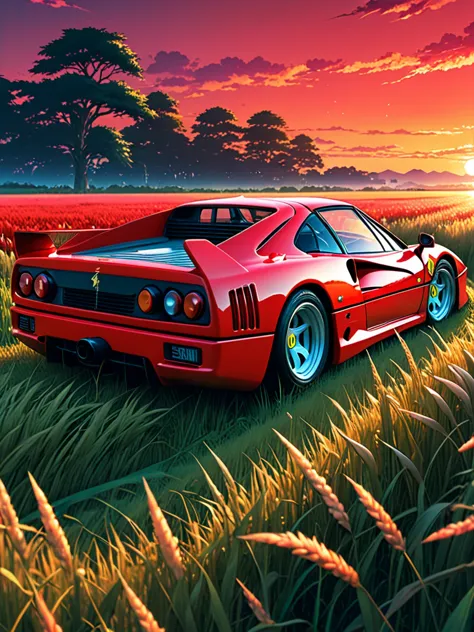 anime landscape of A pearl super strawberry red pearl color classic Ferrari F40 sport sits in a field of tall grass with a sunse...