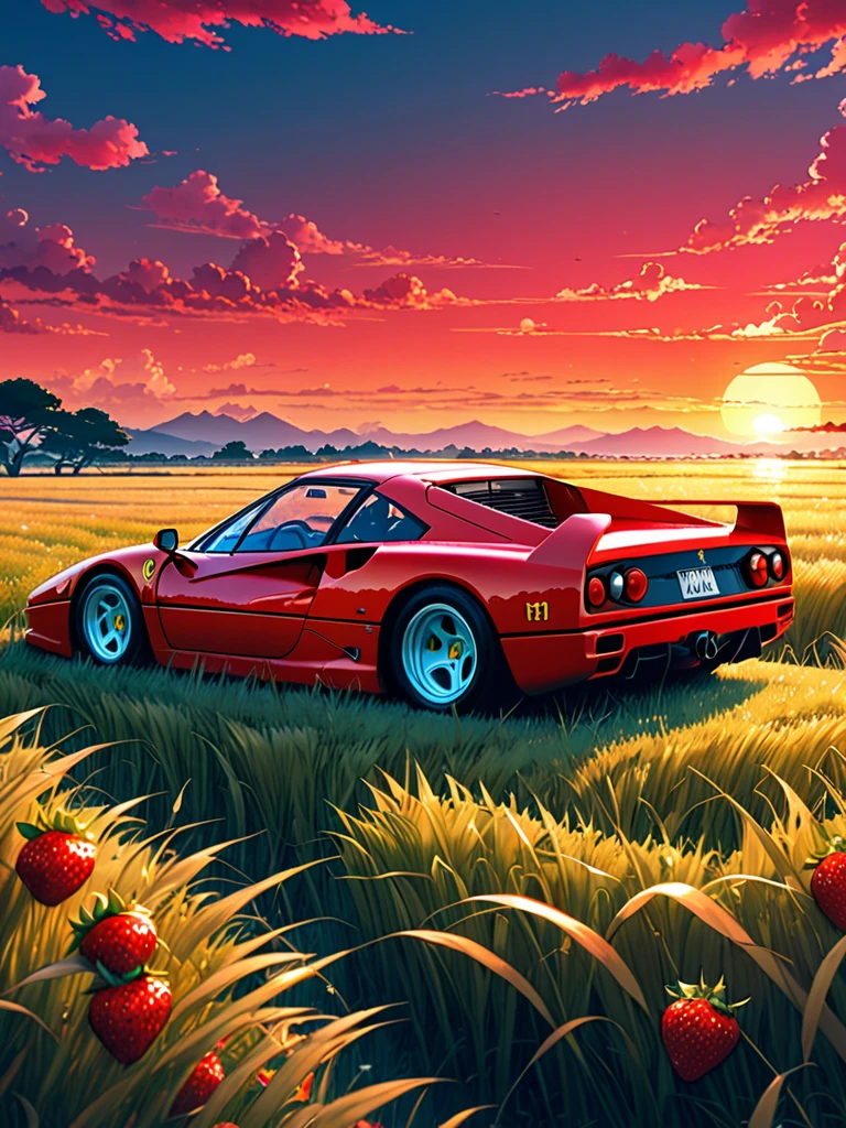 anime landscape of A pearl super strawberry red pearl color classic Ferrari F40 sport sits in a field of tall grass with a sunset in the background.beautiful anime scene, beautiful anime peace scene, Makoto Shinkai Cyril Rolando, beautiful anime scene, amazing wallpaper, anime art wallpaper 8k, anime background, artistic anime background, anime wallpaper 4k, anime art 4k wallpaper, anime wallpaper art 4k,