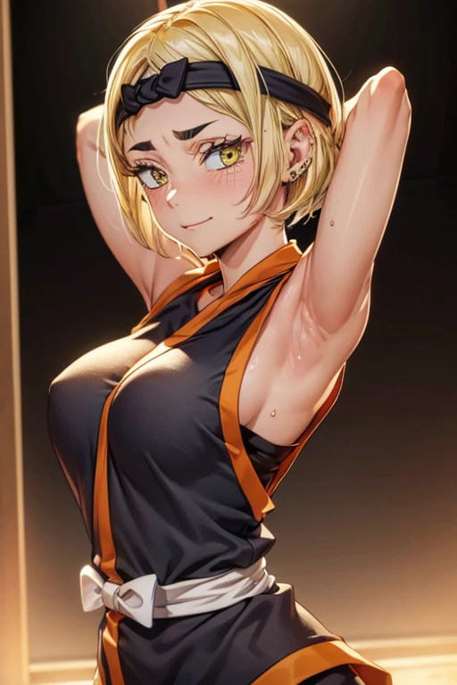 8k high resolution, detailed face, detailed body, perfect body, ultra high quality, 1 girl, sleeveless shirt, arms up, armpit, sweating, black headband, yellow eyes