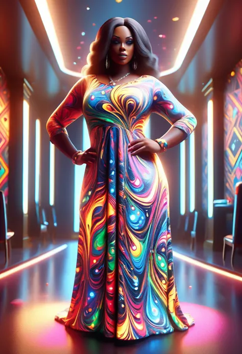 Full body shot of a curvy Black woman in a beautiful dress, standing model pose in a dice designed room, throwing dice at the vi...