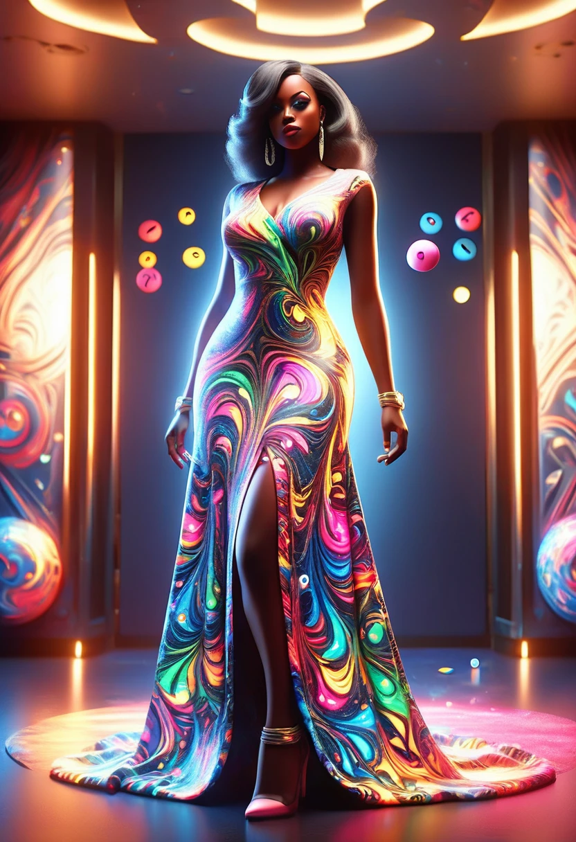 Full body shot of a curvy Black woman in a beautiful dress, standing model pose in a dice designed room, throwing dice at the viewer, with rolling dice designs on the walls, floor and ceilings, 32k ultra HD, unreal engine rendered, hyper-realistic image,