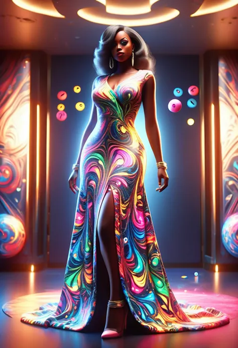 Full body shot of a curvy Black woman in a beautiful dress, standing model pose in a dice designed room, throwing dice at the vi...