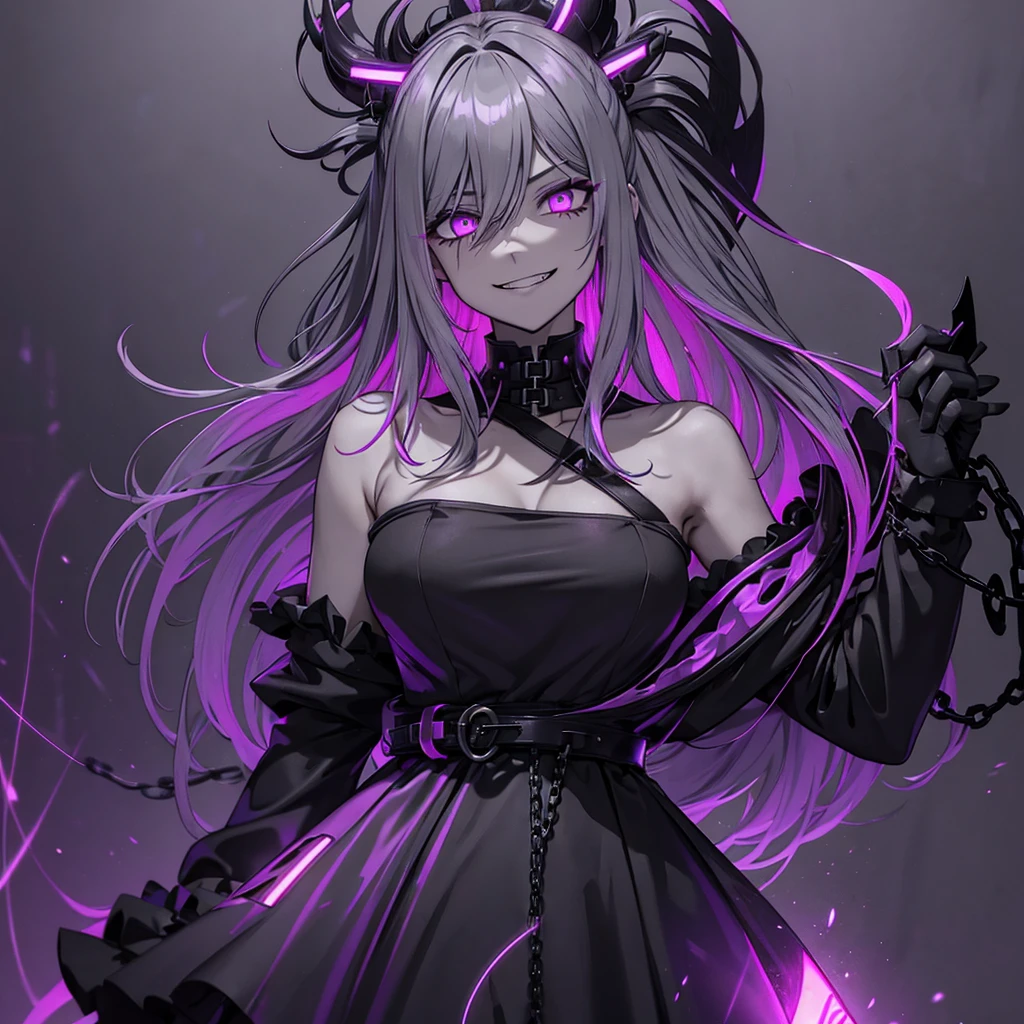 1 girl, wallpaper, whole picture, grey wall background, dark picture, ruined wall background, asymmetric hair, grey hair, multicolored hair, long hair, psycho smile, evil_smile, dark purple eyes, view from the side, looking at viewer, long chain shackles, neon lights in background, , grin, ruffled hair, black dress