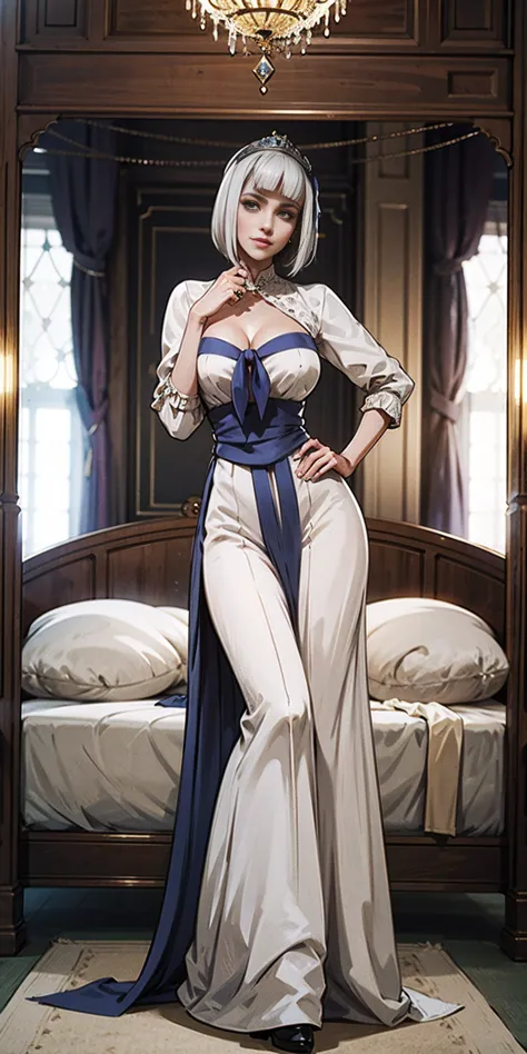 setting: royal bedroom - grand, opulent, with rich fabrics and tapestries character: appearance: white hair - short, styled in a...