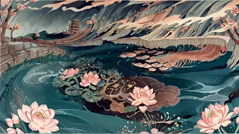 (masterpiece, best quality: 1.2), Traditional Chinese ink painting,Elegant，grassland，Peach Blossom Tree，Pear blossom tree，Flower...