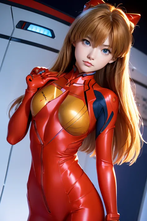 (俯瞰figure),Dynamic Angle,Super detailed, figure, close, Straight, One girl, 
 ((Soryu Asuka Langley, Interface Headset, Red body...