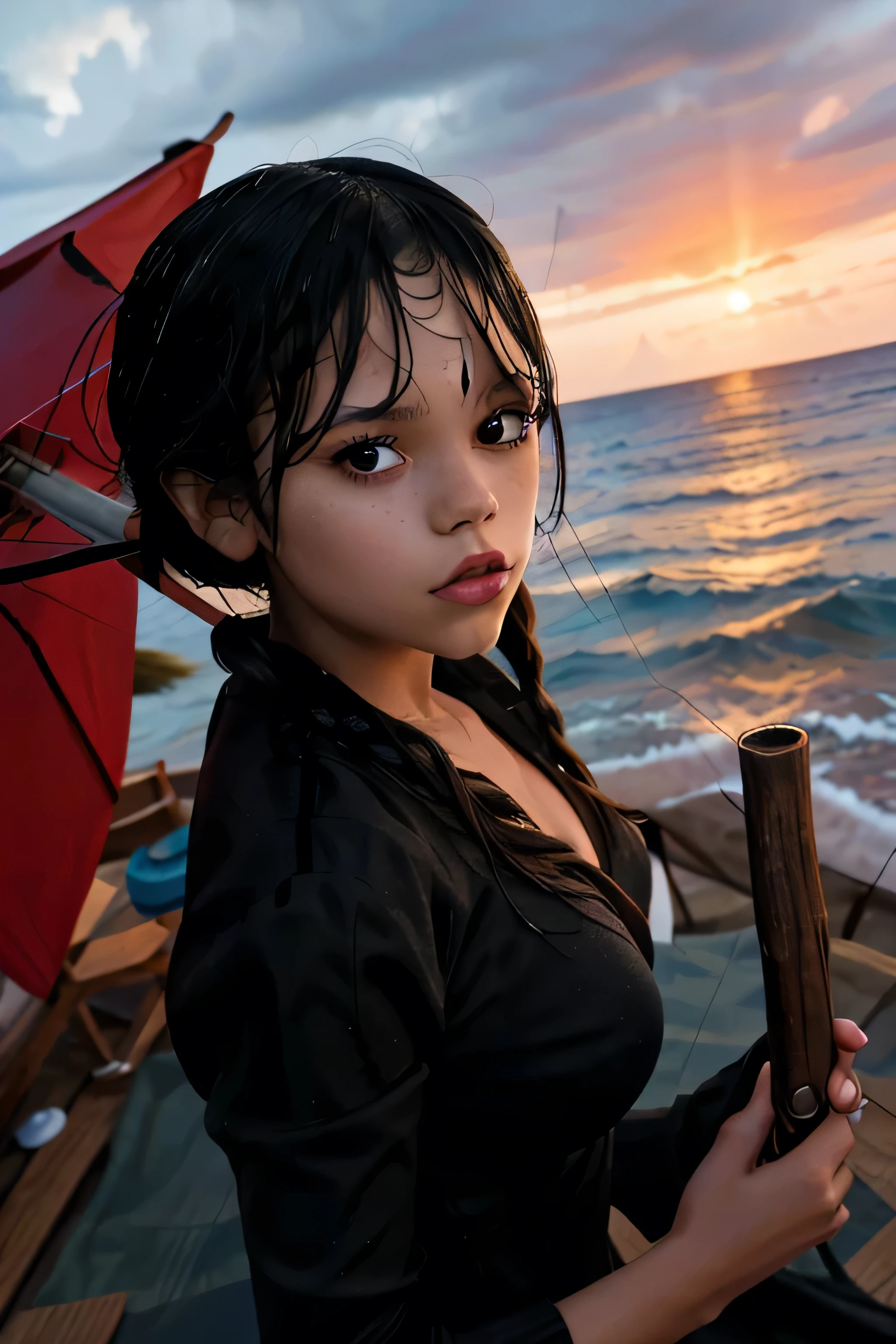 Jenna Ortega, 1girl, extremely detailed eyes and face, long eyelashes, beautiful detailed eyes, beautiful detailed lips, tight black clothing, walking on the beach with an umbrella, big breasts, ocean, sunset, dramatic lighting, photorealistic, 8k, highly detailed, masterpiece