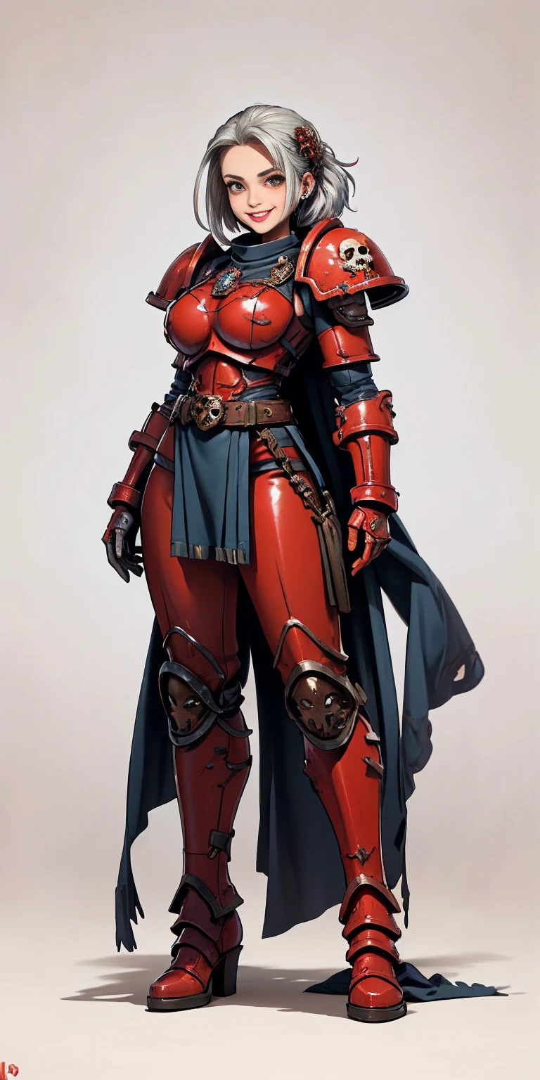 (masterpiece, best quality, 4k, 1girlsolo, 1MILF, mmplatz, smile, red cheeks, plain background:1.2) perfect face, perfect lighting, mature whsororitas with gloves red gauntlets in her hands like Cammy White from Street Fighter, bob white hair, warhammer 40k power armor suit with loincloth, red eyes like rubies, full body RED armor, view from below, looking to the viewer, arms to the sides empty hands, RED military boots, silver skull ornament attached to crossing 2 belt wide hips, 2 long legs, Female Knight (Final Fantasy Tactics)