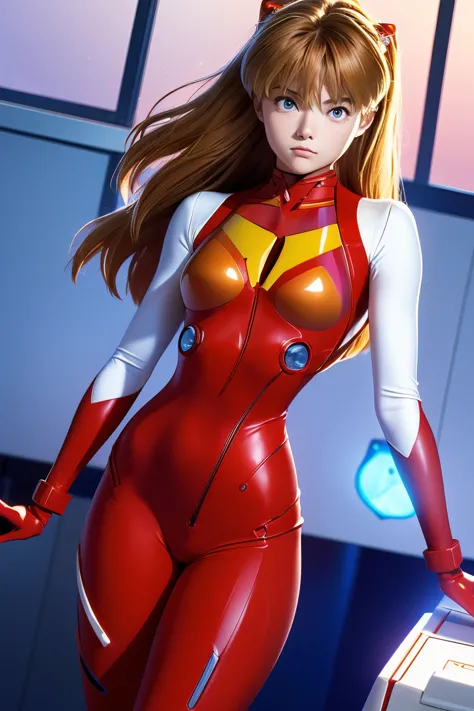 (俯瞰figure),Dynamic Angle,Super detailed, figure, close, Straight, One girl, 
 ((Soryu Asuka Langley, Interface Headset, Red body...