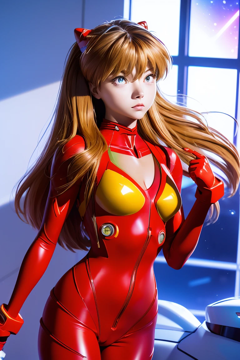 (Overlooking figure),Dynamic Angle,Super detailed, figure, close, Straight, One girl, 
 ((Soryu Asuka Langley, Interface Headset, Red bodysuit:1.4, bionde)),Her eyes shone like dream-like stars,(Glowing Eyes:1.233),(Beautiful and detailed:1.1),(Expressionless,Mouth closed),(Are standing), 
(In a white spaceship、Mechanic room with tools and spaceship window),
(night:1.2),dream-like, [[Delicate fingers and hands:0.55]::0.85],(finger details),