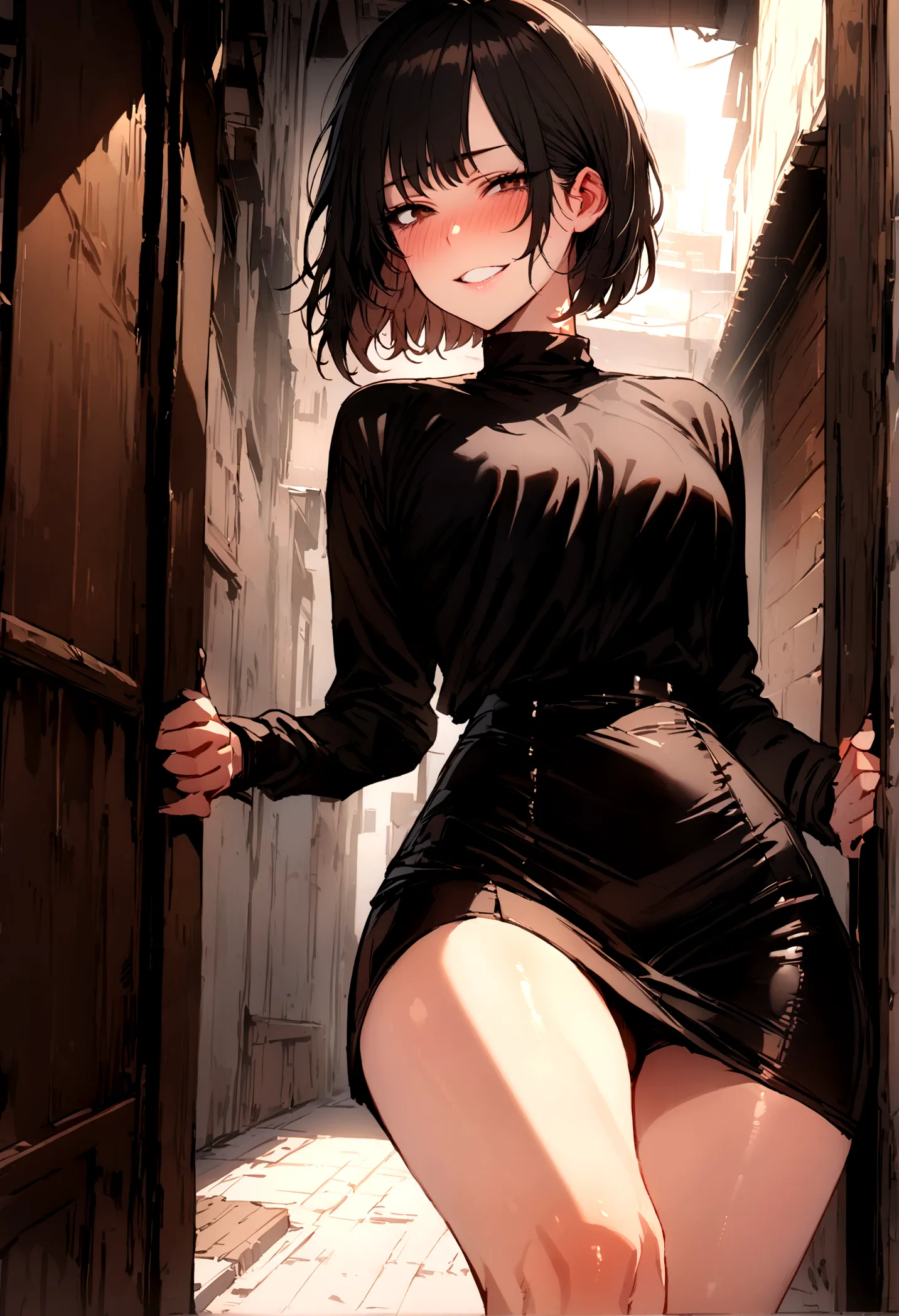 masterpiece, best quality 1girl, solo, beautiful woman, bangs, black hair, short hair, bob cut, dark brown eyes, deep blush, gri...