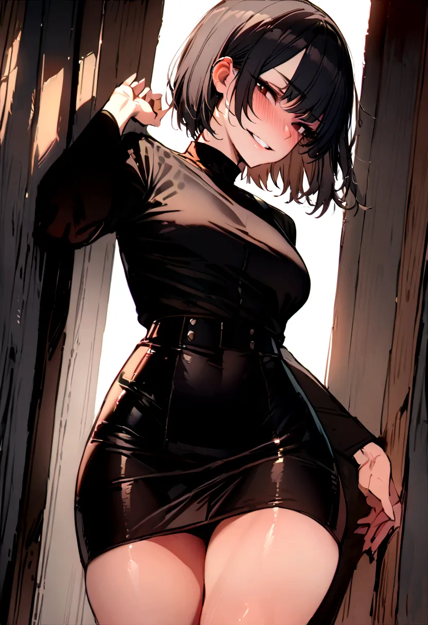 masterpiece, best quality 1girl, solo, beautiful woman, bangs, black hair, short hair, bob cut, dark brown eyes, deep blush, gri...