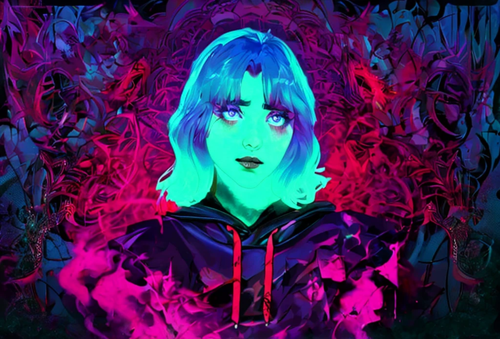 
a poster for the album,'the woman in the hoodie ', an album cover by Ferdynand Ruszczyc, trending on cgsociety, psychedelic art, looks a blend of grimes, looks like a mix of grimes, ) ominous vibes, cgsociety saturated colors, ultraviolet and neon colors, grimes - book 1 album cover, violent and vicious appearance