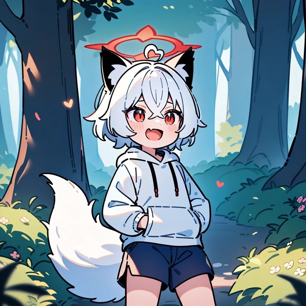 （masterpiece：1.2，high quality），8K，High resolution，A seven-year-old boy，cute boy，white hair，short hair，crossed bangs，red eyes，slit pupils，heart ahoge，black ears，cat ears，laughing，skin fang，red halo，Wearing a white hoodie，Dark blue shorts，Stand in the forest，There are flowering trees on both sides.，primary school student，thigh，alone，fox tail，（Put your hands in your pockets），（（Put your hands in your pockets））