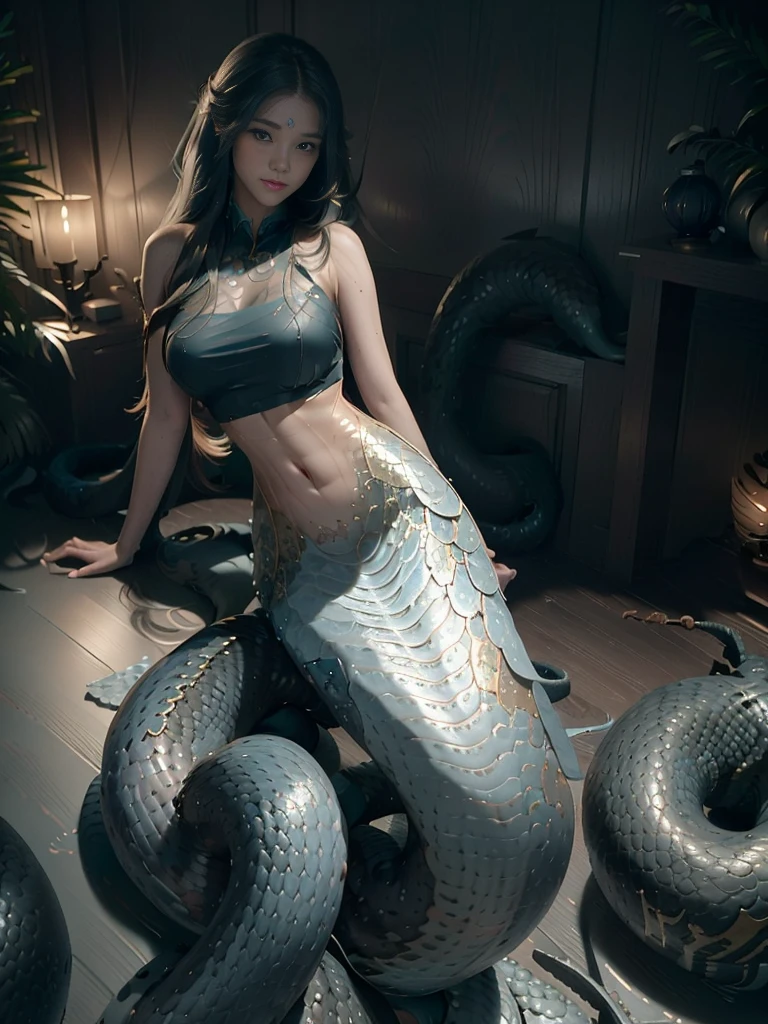 ((Best image quality, 8K, masterpiece:1.3)), 1 Queen Medusa, beautiful woman with slim abs:1.3, (Casual Hairstyles, No leaks:1.2),Showing cleavage，( snake scale:1.1, （Mermaid：1.2），（Long snake tail：1.3），Ultra-realistic gold scales，Ultra-thin face, Delicate eyes, double eyelid，Smooth and delicate skin，Reflex muscles，They want，floor，Sitting，vision