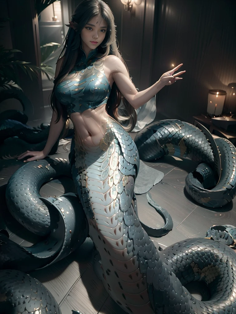 ((Best image quality, 8K, masterpiece:1.3)), 1 Queen Medusa, beautiful woman with slim abs:1.3, (Casual Hairstyles, No leaks:1.2),Showing cleavage，( snake scale:1.1, （Mermaid：1.2），（Long snake tail：1.3），Ultra-realistic gold scales，Ultra-thin face, Delicate eyes, double eyelid，Smooth and delicate skin，Reflex muscles，They want，floor，Sitting，vision