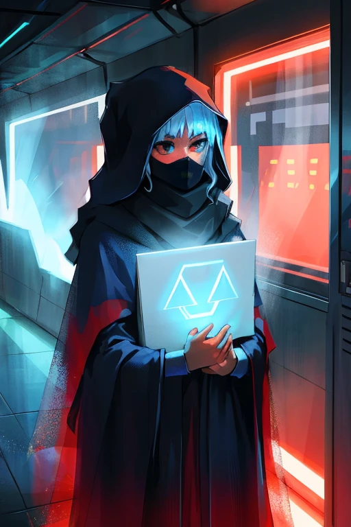 realistic,shiny,reflective,bioluminic, galactic cybernetic mask,mecha,(assassin:1.2),((((scarf,long cloak)))),sh4g0d,GlowingRunes_red,в полный рост,кинематический,темный фон,подсветка,высокая контрастность, пространство,