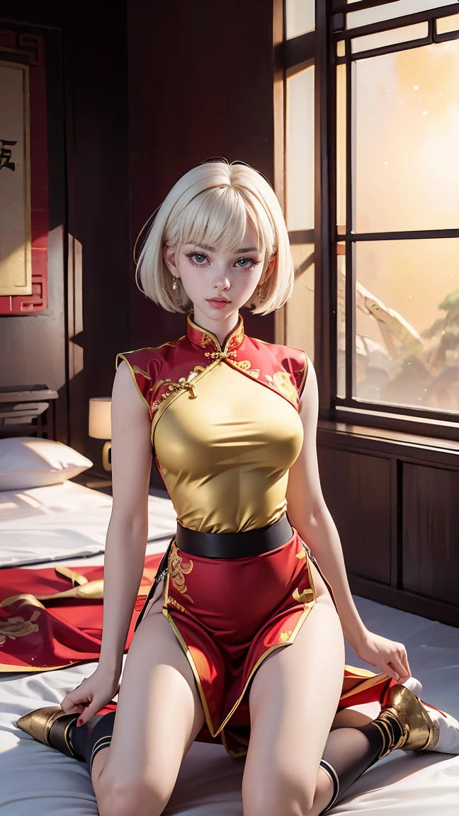 A very beautiful 19-year-old woman, (white hair:1), bob haircut, short hair, (yellow eyes:0.3) bright golden eyes, red nails, young beautiful face, muscular, slim but well-proportioned body, perfect white skin, highly detailed drawing, realistic face. (((Wearing traditional Chinese imperial clothes black with golden,))) ((red skirt with contour golden,)) (with red Hanafuda earrings,) (garterbelt black thigh-high socks.) Kneeling on a white bed in an ancient Chinese room, with a full moon and stars visible through the window, with light flashes reflecting on her body. 4k anime art, perfect lighting.
