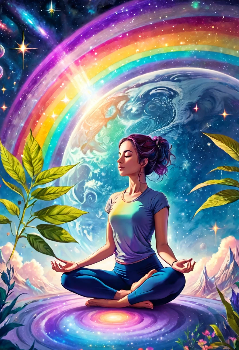 beautiful woman doing yoga in outer space, chakra, mandala, above the earth, mystical world, plants, shooting stars, pastel rainbow colors Light of