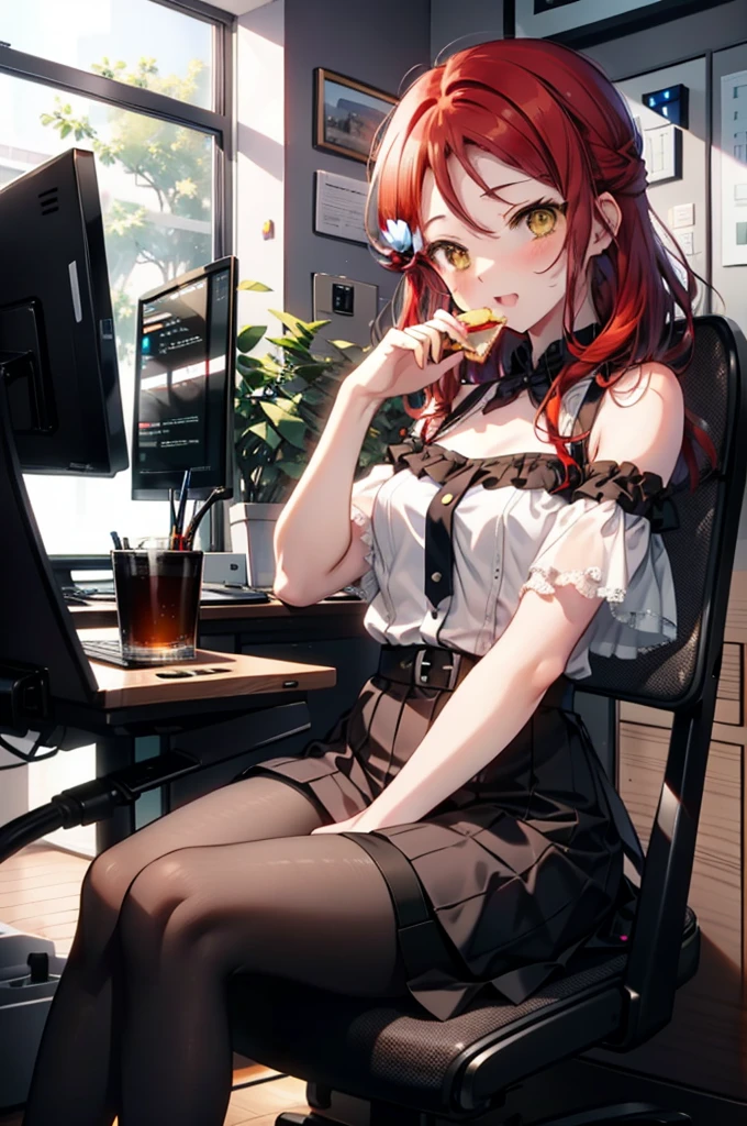 rikosakurauchi, Riko Sakurauchi, (Brown eyes:1.5), Hair between the eyes, Long Hair, (Redhead:1.5), (Small breasts:1.2), smile,blush,Open your mouth,Cold Shoulder Shirt,Short sleeve,Long skirt,Black pantyhose,Stiletto heels,Sitting in a chair,is holding a sandwich with both hands and eating it,There is a computer and a sandwich on the table.,hinterland,So that the whole body goes into the illustration,
BREAK looking at viewer, 全身
BREAK outdoors, office,
BREAK (masterpiece:1.2), Highest quality, High resolution, unity 8k wallpaper, (figure:0.8), (Beautiful attention to detail:1.6), Highly detailed face, Perfect lighting, Highly detailed CG, (Perfect hands, Perfect Anatomy),