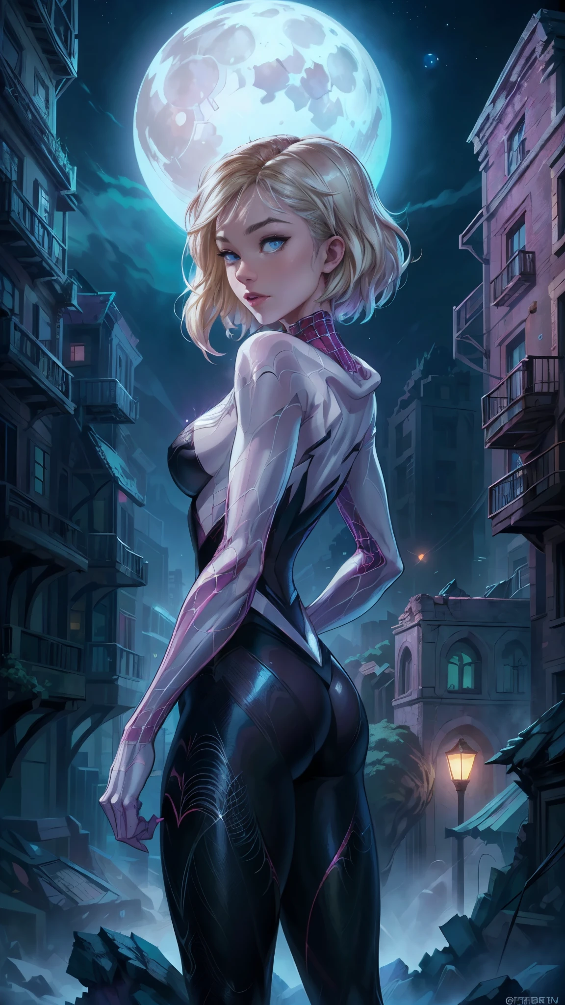 (back view, back view),(La Best Quality,A high resolution,ultra detailed,actual),Spider-gwen standing in a city at night, araña-gwen, araña - gwen, (spider gwen:1.4) , (Gwen Stacy:1.4) ,,(Ruined dungeon ruins background:1.4 ), in the Artgerm Style, Artgerm Style, Artgerm Style, graphic artist artgerm, Betty Cooper, comic germ, en Artgerm Style, as seen on artgerm, Estilo de epic fantasy art HD, 4K fantasy art, epic fantasy digital art style, epic fantasy art style, fantasy woman, epic fantasy art portrait, epic fantasy style, hyperrealistic fantasy art, fantasy art in high definition, Epic fantasy character art.., epic fantasy art, in dark fantasy art style, epic fantasy digital art, (perfect anatomy :1.4),( cinematic lighting :1.4), (the uniform lasts white), 8K more detailed.unreal engine:1.4,UHD,La Best Quality:1.4, photorealistic:1.4, skin texture:1.4, Masterpiece:1.8,first job, Best Quality,object object], (detailed facial features:1.3),(beautiful blue eyes),  (cowboy pose), (face detailed Gwen Stacy :1.4),( Gwen Stacy :V2.1), (Five fingers, four fingers and thumb),(she has a beautiful beautiful ass ), (shiny white tights/shackles:1.4),(bright colors),( big bright moon background :1.4) (perfect anatomy detailed :V2.1), (perfect human fingers :1.4), (face detailed :1.4) 