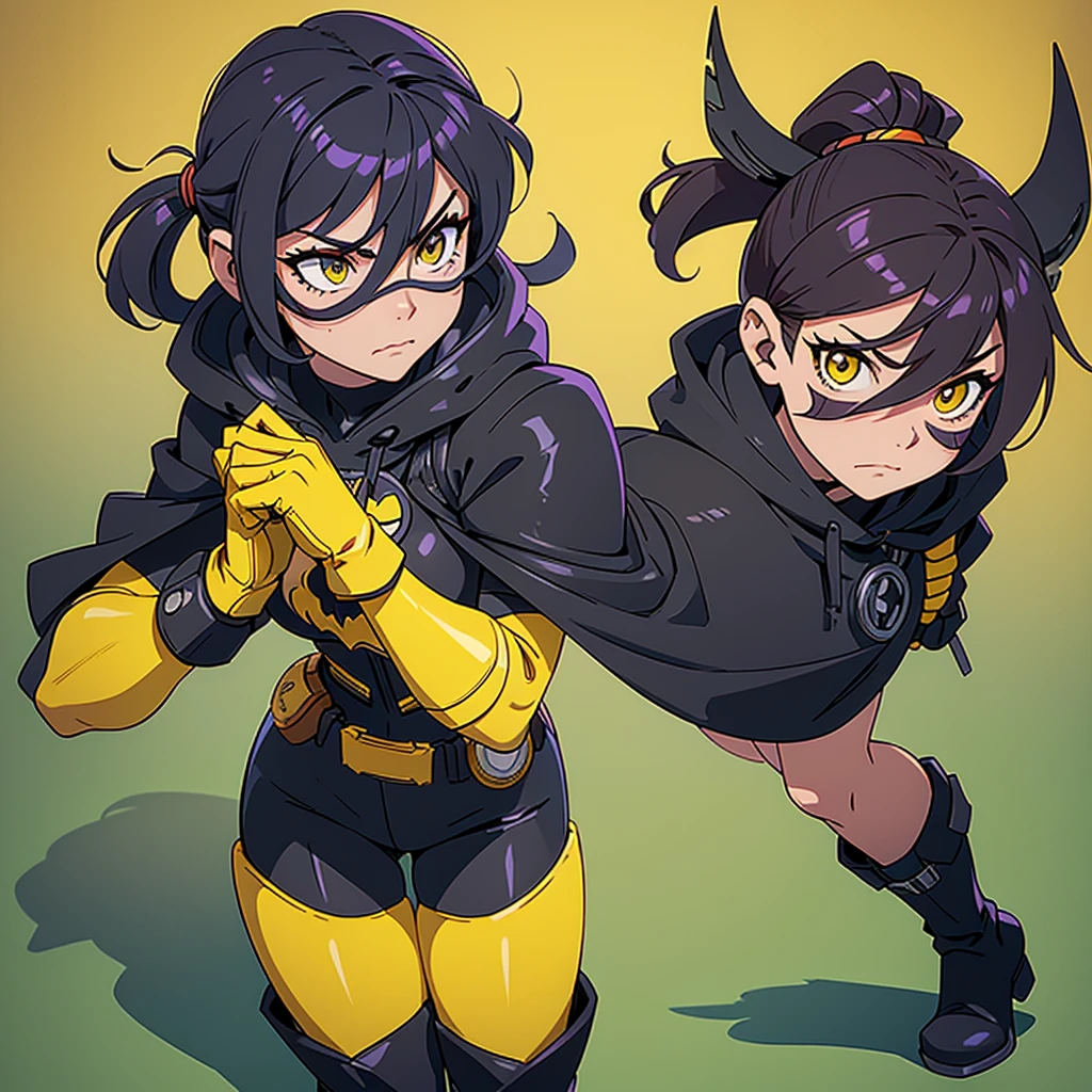 I want you to create a fanart of the superhero character Batgirl.  She wears Mask: Black, covering the upper part of her face and head leaving her hair loose below the mask.  She wears Cape: Shorter, black with yellow lining.  her outfit is purple, with a yellow bat on her chest. Utility Belt: Yellow, with a more casual and modern design. Gloves and Boots: Yellow gloves and yellow boots that resemble combat boots.  I want it to be in Disney animation style in 2D