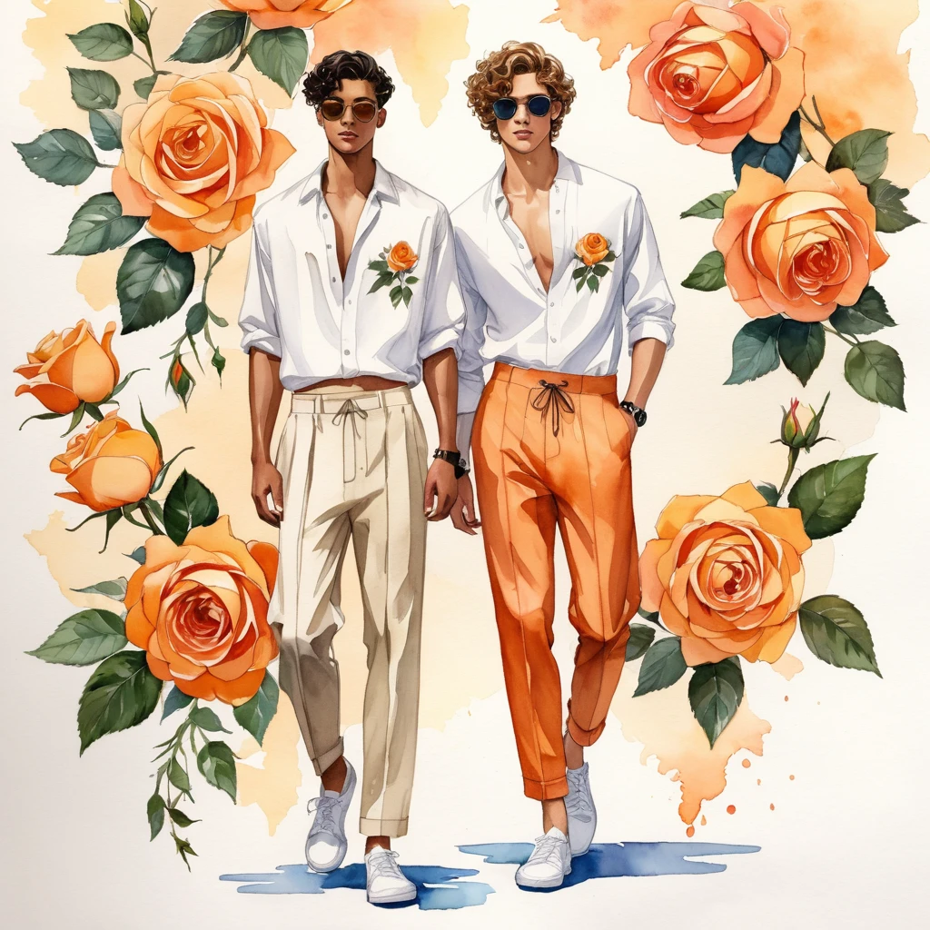 candid fashion illustration of young Mixed race 2man, both aged 18-23 year old, short curly hairstyle, ((showcase fashion look book in linen outfits)), the design inspired of The Lady of Shalott rose by David Austin, in elegant chic style. The man wears an oversized shirt with a minimal rose embroidery details, paired with relaxed-fit pants, He completes his look with white sneakers and round sunglasses. The boyfriend complements him in a  skinny fitted speedo in a stripe pattern, semi bulge, He resemble includes an accessorizes with sandal, Captured in a low angle, ((full-body image)), ((roses motifs background)), fashion sketching, realistic drawing, ((imperfect water color drawing background)), fashion look book, fashion illustrator, fashion sketch design, gay, gay couple,  Lady of Shalott rose , warm orange color. The blooms have a rich apricot-orange hue with golden-yellow undersides, creating a beautiful contrast, The flowers are medium to large, cup-shaped, 