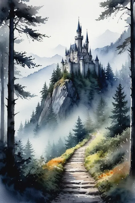 picture of small path in the misty dark tall tree forest leading to distant holy and magical forest, (watercolor), wet on wet, m...