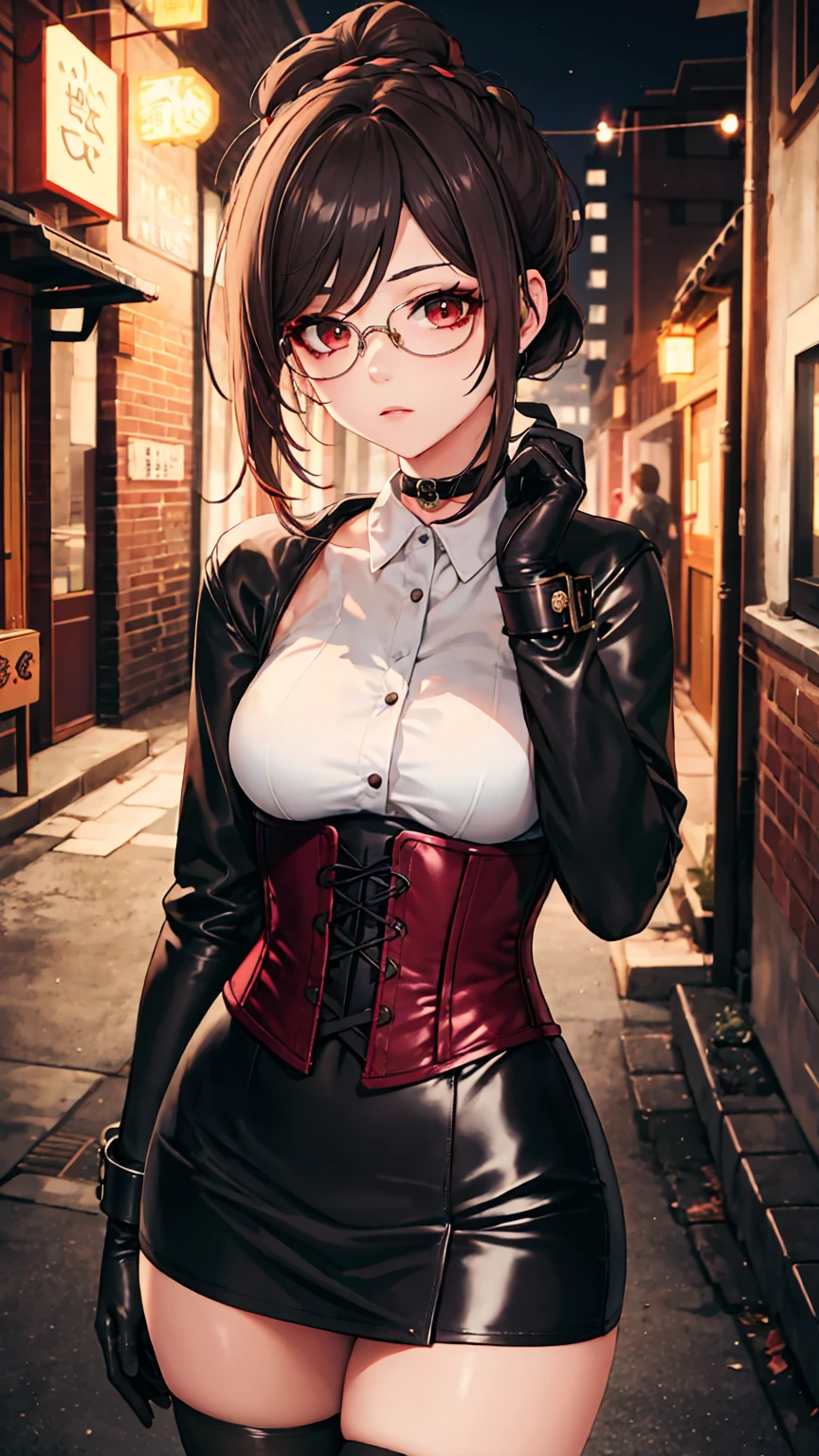 1 girl, Chiori \(genshin impact\), Alone, choker:1.6, White long sleeve shirt with long sleeve collar, black leather corset, black gloves that cover your hands, shiny black tight mini skirt, shackles, glasses, looking at the viewer,, inside, depth of field, expressionless, alley, at night