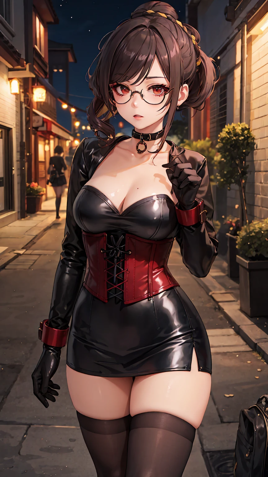 1 girl, Chiori \(genshin impact\), Alone, choker:1.6, White long sleeve shirt with long sleeve collar, black leather corset, black gloves that cover your hands, shiny black tight mini skirt, shackles, glasses, looking at the viewer,, inside, depth of field, expressionless, alley, at night