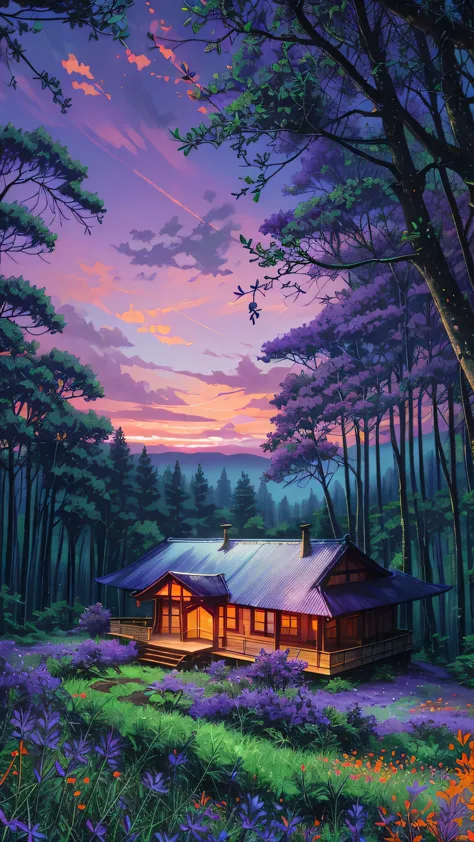 Forest scenery filled with purple wild flowers, green trees and beautiful orange sky and bungalow with blue roof