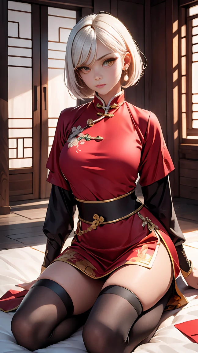 A very beautiful 19-year-old woman, (white hair:0,5), bob haircut, short hair, (yellow eyes:0.5) bright golden eyes, red nails, young beautiful face, muscular, slim but well-proportioned body, perfect white skin, highly detailed drawing, realistic face. (((Wearing traditional Chinese imperial clothes black,))) ((red skirt with contour golden,)) (with red Hanafuda earrings,) (garterbelt black thigh-high socks.) Kneeling on a white bed in an ancient Chinese room, with a full moon and stars visible through the window, with light flashes reflecting on her body. 4k anime art, perfect lighting.