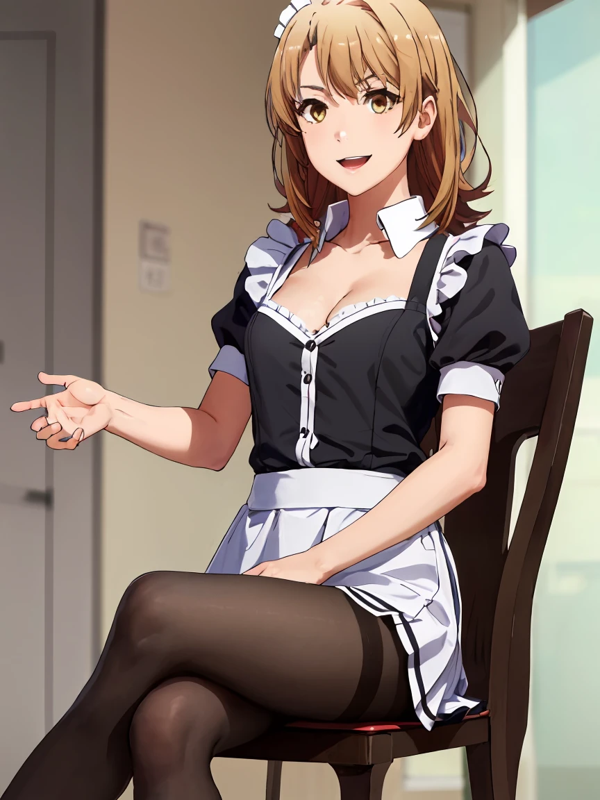 irohaisshiki, iroha isshiki, long hair, brown hair, (brown eyes:1.5), 
BREAK (Maid clothes,she was wearing a miniskirt, black pantyhose:1.2), 
BREAK He opened the collar of his shirt to show his cleavage...,smile, smile, open your mouth,smile, sitting cross-legged on a chair,Make sure the whole body is included in the illustration,
BREAK ((top quality, 8k, masterpiece: 1.3, ultra hd, high quality, best quality, high definition, realism)), sharp focus: 1.5, Beautiful woman with Slim body, (perfect hands, perfect anatomy),