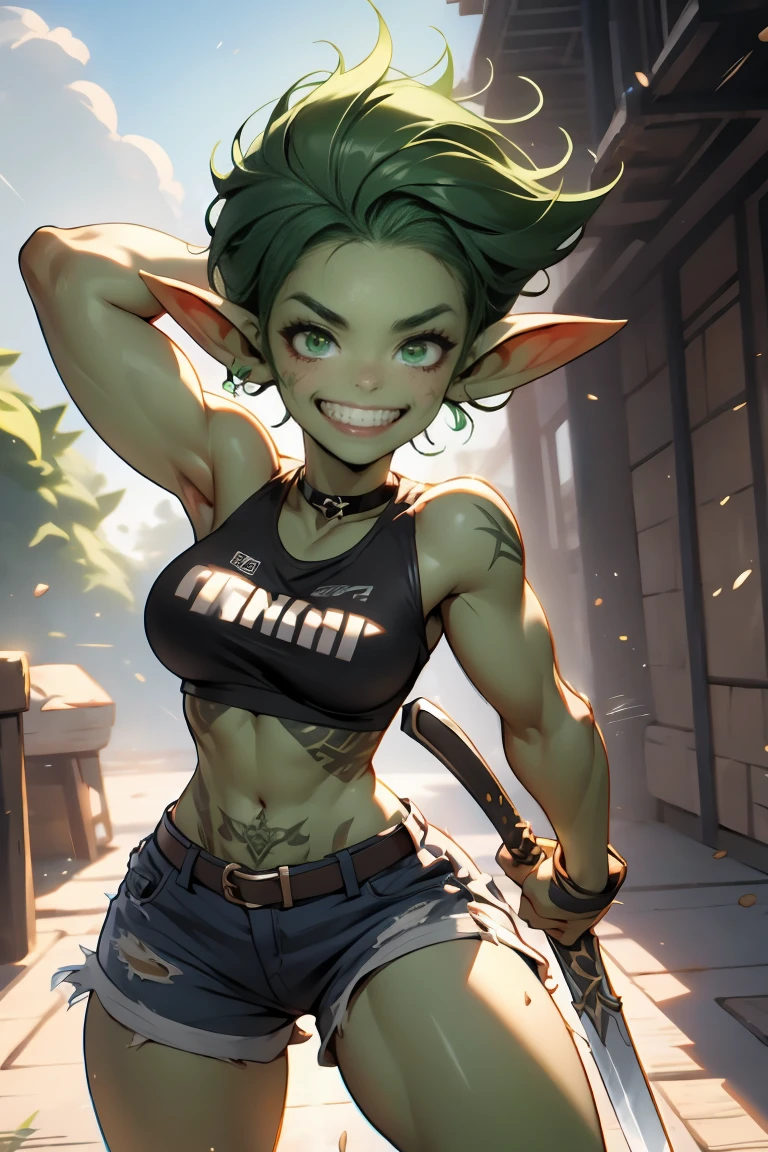 4k, extremely muscular goblin tomboy, brash, confident, light green skin, pointy ears, big grin, green eyes, short length messy green punk hair, very small breasts, many tattoos, face tattoo, sharp teeth, 1girl, solo, wearing black croptop, daisy duke shorts, leather armor, motion, motion blur, dynamic pose, action pose, cinematic, swinging a sword at a practice dummy, practicing, hitting hard, slashing, slicing, no bra, bouncing breasts