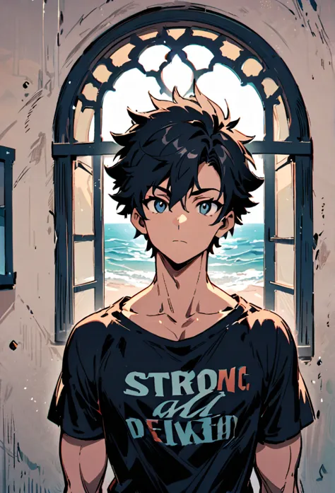 man character, age 26, short black hair, strong and defined, looking at the coast window