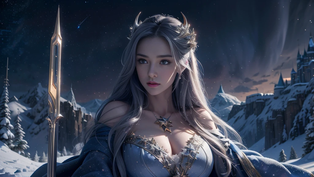 masterpiece, rest, best quality, Very detailed, Super real, 16K, high resolution, castle，snow, ((Starry Sky)),Female Mage，Gorgeous robe，Complex Mode，Large Breasts，Pretty Face，dramatic，Half-length photo，Glowing scepter