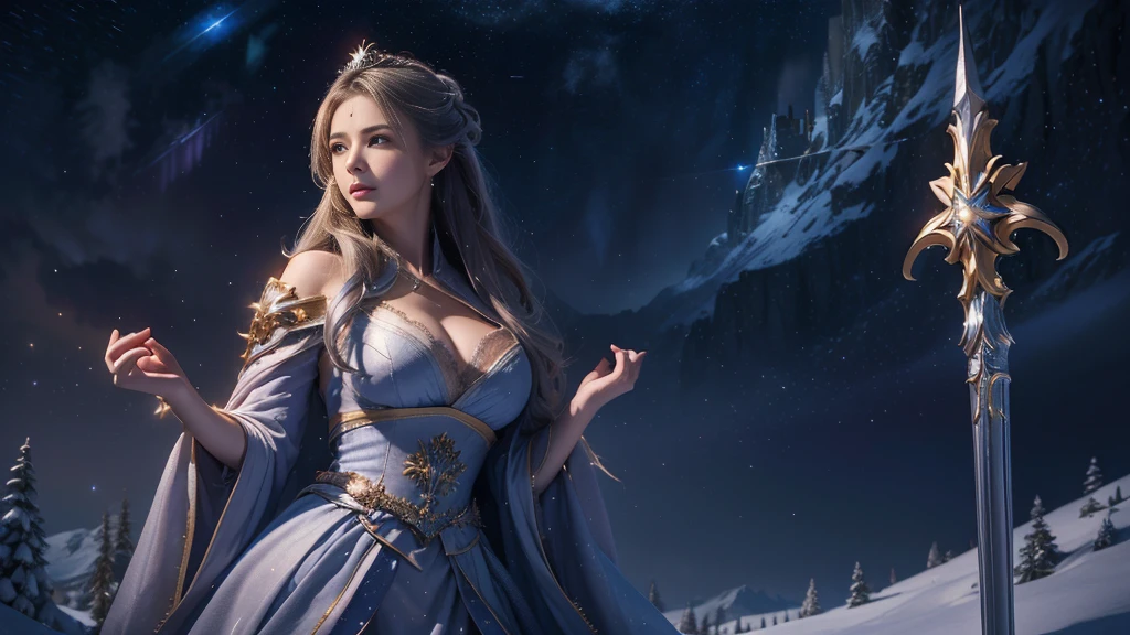masterpiece, rest, best quality, Very detailed, Super real, 16K, high resolution, castle，snow, ((Starry Sky)),Female Mage，Gorgeous robe，Complex Mode，Large Breasts，Pretty Face，dramatic，Half-length photo，Glowing scepter